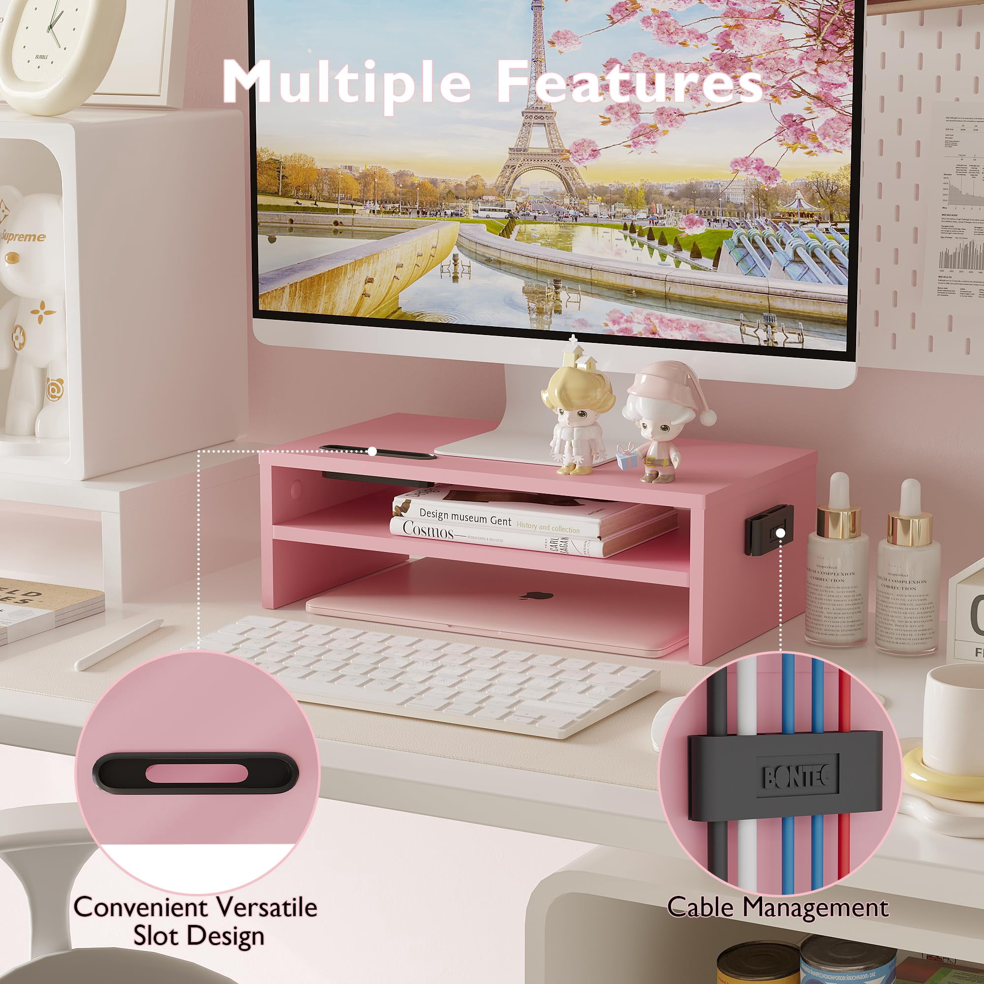 BONTEC Wooden Monitor Stand Riser, 2-Tier Desk Shelf with Storage Organizer, Ergonomic Computer Stand with Cable Management, Cellphone Holder, Pink, 16.5 Inch