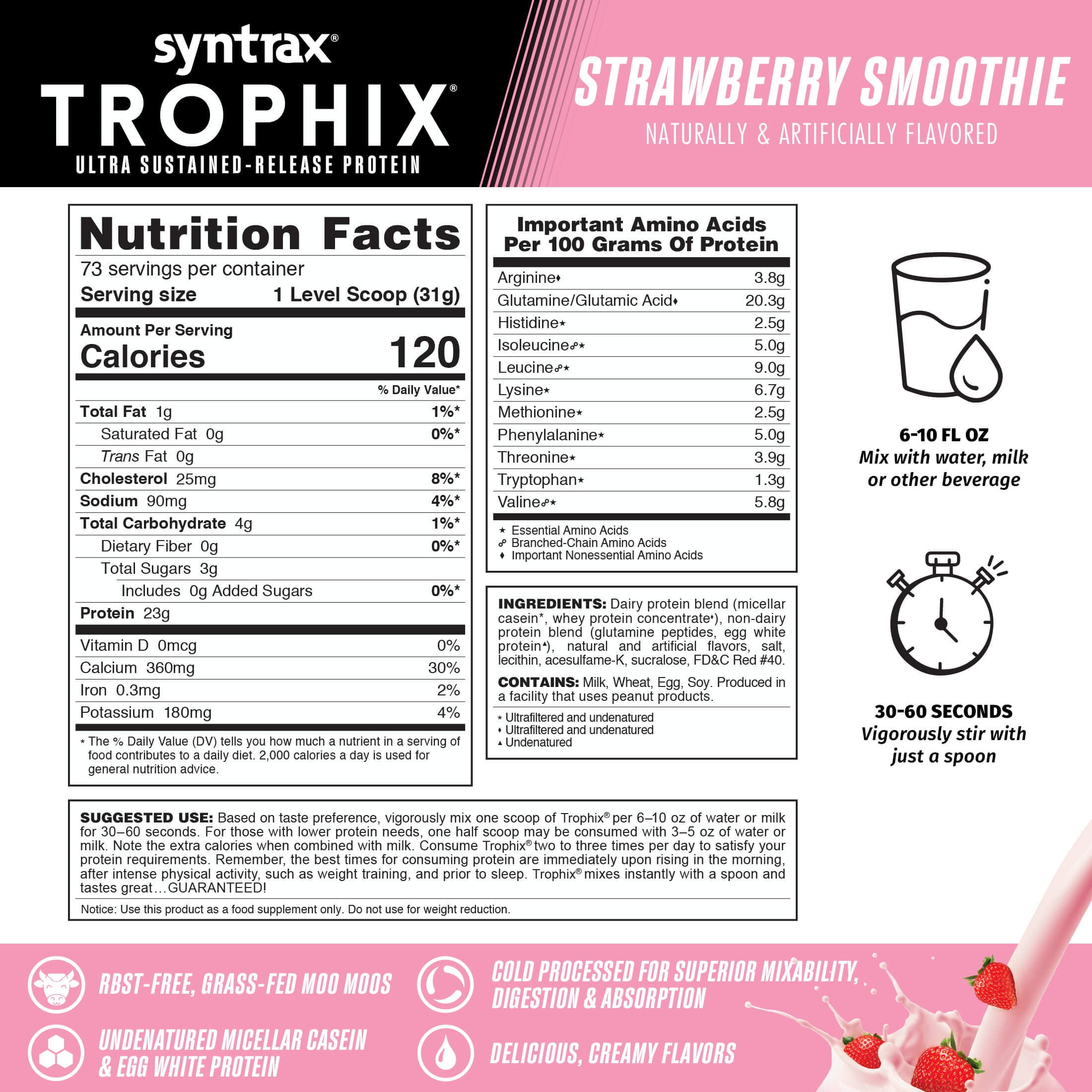 Syntrax Nutrition Trophix, Strawberry Smoothie 5 lbs. Ultra Sustained-Release Protein Powder Blend, offers a Rich & Creamy Flavor