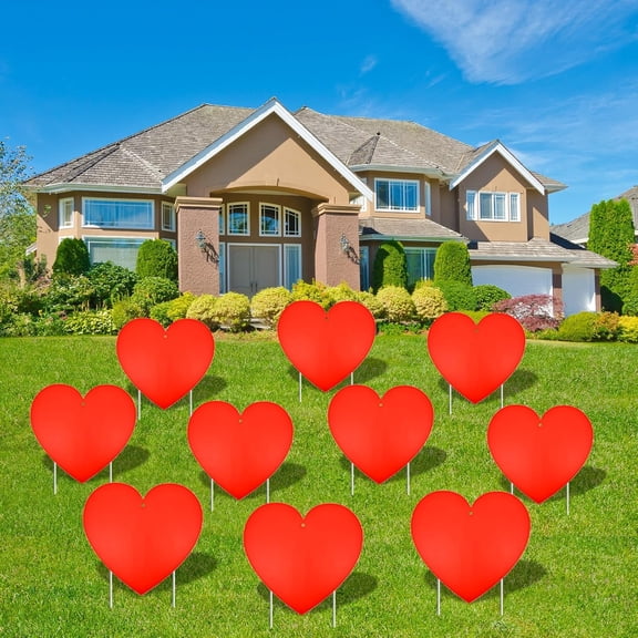 10 Pieces Valentine's Day Decorations Outdoor Yard Garden Porch Sign - Large Double-Sided Red Heart Design Signs with Stakes for Romantic Love Wedding Engagement Anniversary Patio Pathway Lawn Decor