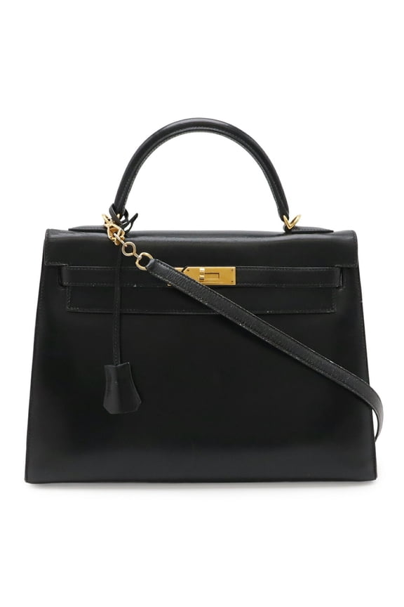Pre-Owned HERMES Kelly 32 handbag, external stitching, box calf leather, black, with "T" stamp.