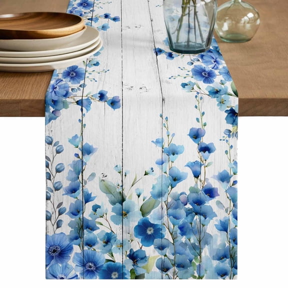 Table Runner 60 Inches Long for Kitchen Dining, Spring Blue Floral Dresser Scarf Farmhouse, Dining Table Decorations for Wedding/Parties, Farmhouse Weeping Floral Leaves Wood 13 x 60 In