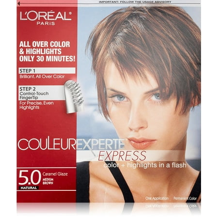 L'Oreal Paris Couleur Experte Express Hair Color + Highlights, Permanent 5.0 Natural Caramel Glaze Medium Brown + Makeup Blender Stick, 12 (Best At Home Hair Glaze)