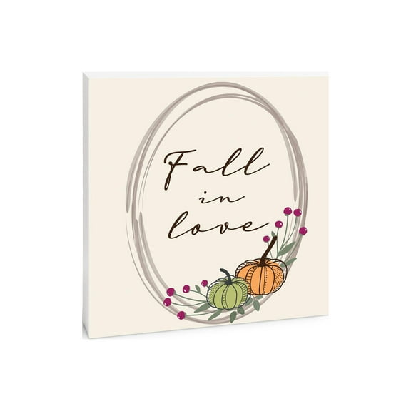 Fall In Love Bisque Circle Pumpkins 10 x 10 Wood Tabletop Sign Plaque
