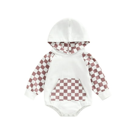 

Gureui Kids Baby Boys Girls Romper Long Sleeve Hooded Plaid Patchwork Casual Bodysuit with Pocket