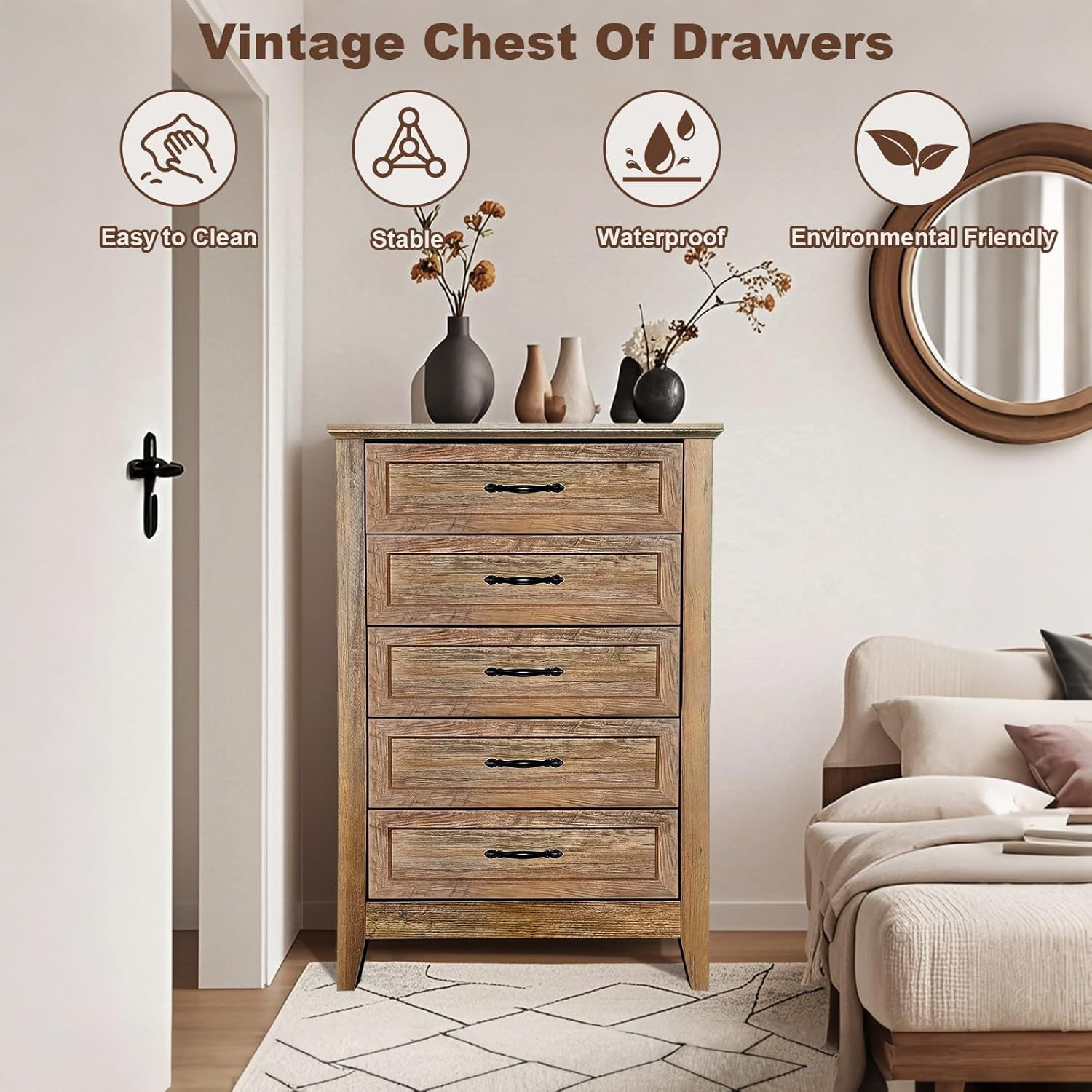 Garvee Farmhouse 5 Drawer Dresser Chest, Tall Wood Vintage Dresser for Bedroom Storage, Organizer for Living Room, Kids Bedroom, Nursery, Hallway Closet