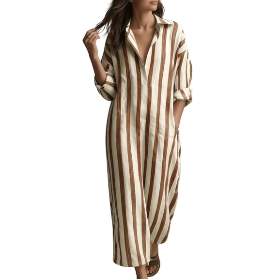 PBFRDSJ Women's Summer Striped Shirt Dress Casual Oversized Boho Rolled Cuff Kaftan Dress Loungewear with Pockets
