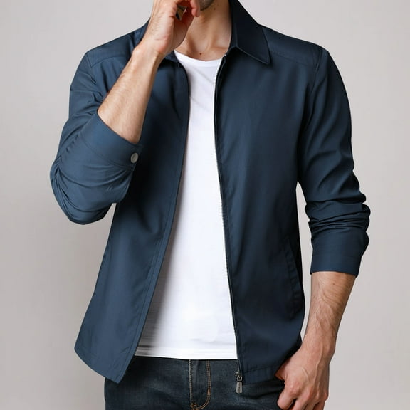 Pejock Men's Casual Coat - Zip Up Jacket Long Sleeve Solid Color with Turn Down Collar, Ideal for Daily Outdoor and Business Wear