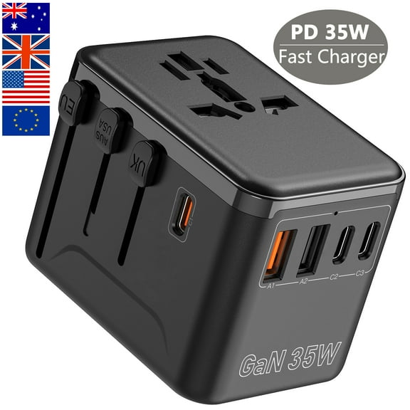 Universal Travel Adapter, GaN 35W International Power Adapter with 2 USB C 2 USB A Ports and 1 PD Fast Charging, Travel Worldwide Plug Adapter, Outlet Wall Charger for Europe UK AUS US (Black)