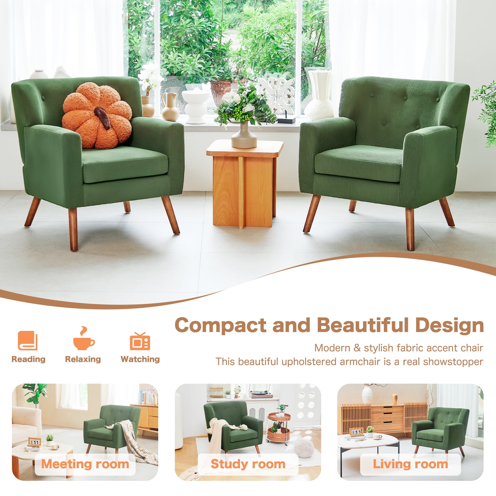 Mid-Century Accent Chair,Modern Comfy Armchair Upholstered Reading Chair Single Sofa Chair for Living Room,Apartment, Green