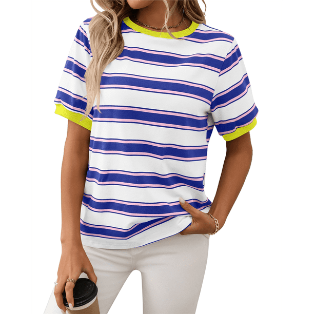 Camisetas de Corta con Bloques de Color A Rayas en Amarillo, y XL