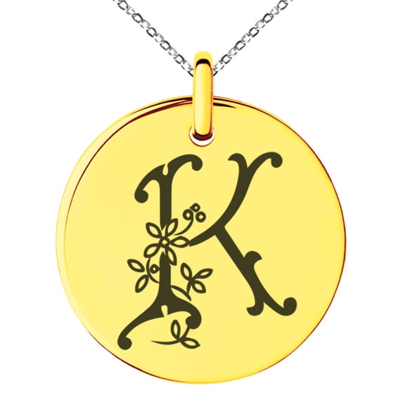 Stainless Steel Letter K Initial Floral Monogram Engraved Small Medallion Circle Charm Pendant Necklace