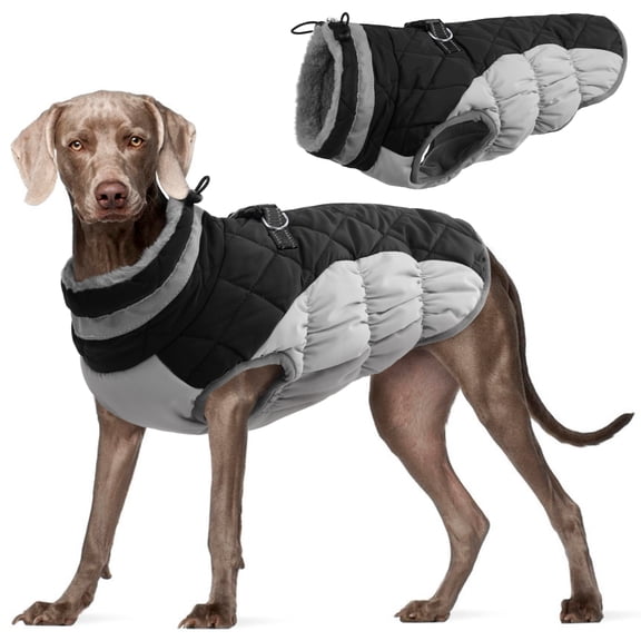 Kuoser Dog Winter Coat, Waterproof Windproof Fleece Padded Jacket with Reflective Trim and Leash Ring for Big Dogs, Black, 3XL