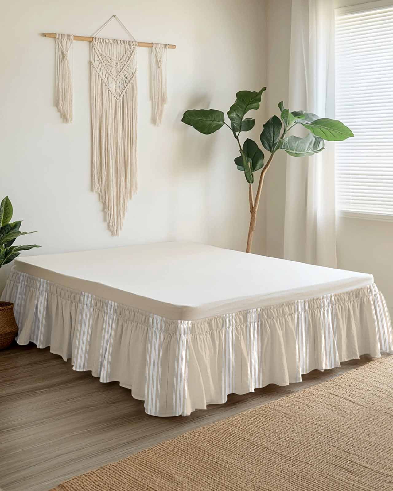Farmhouse Khaki Bed Skirt Queen Size 16 Inch Drop, White Stripe Adjustable Elastic Dust Ruffles Bedskirt for Queen Bed Wrap Around Pleated Mattress Frame Cover