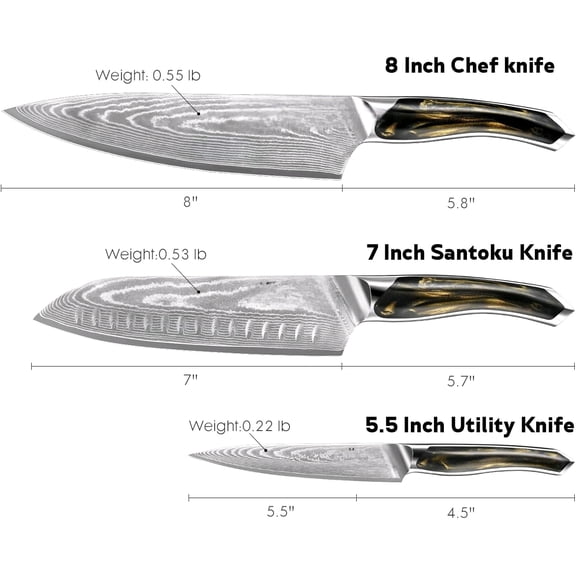 Damascus Knife Set 3 PCS: Ultra-Sharp Professional Chef Knife Set, Japanese Kitchen Knives with VG10 Steel Core, Full Tang Resin Handle, Elegant Box for Men Women$$