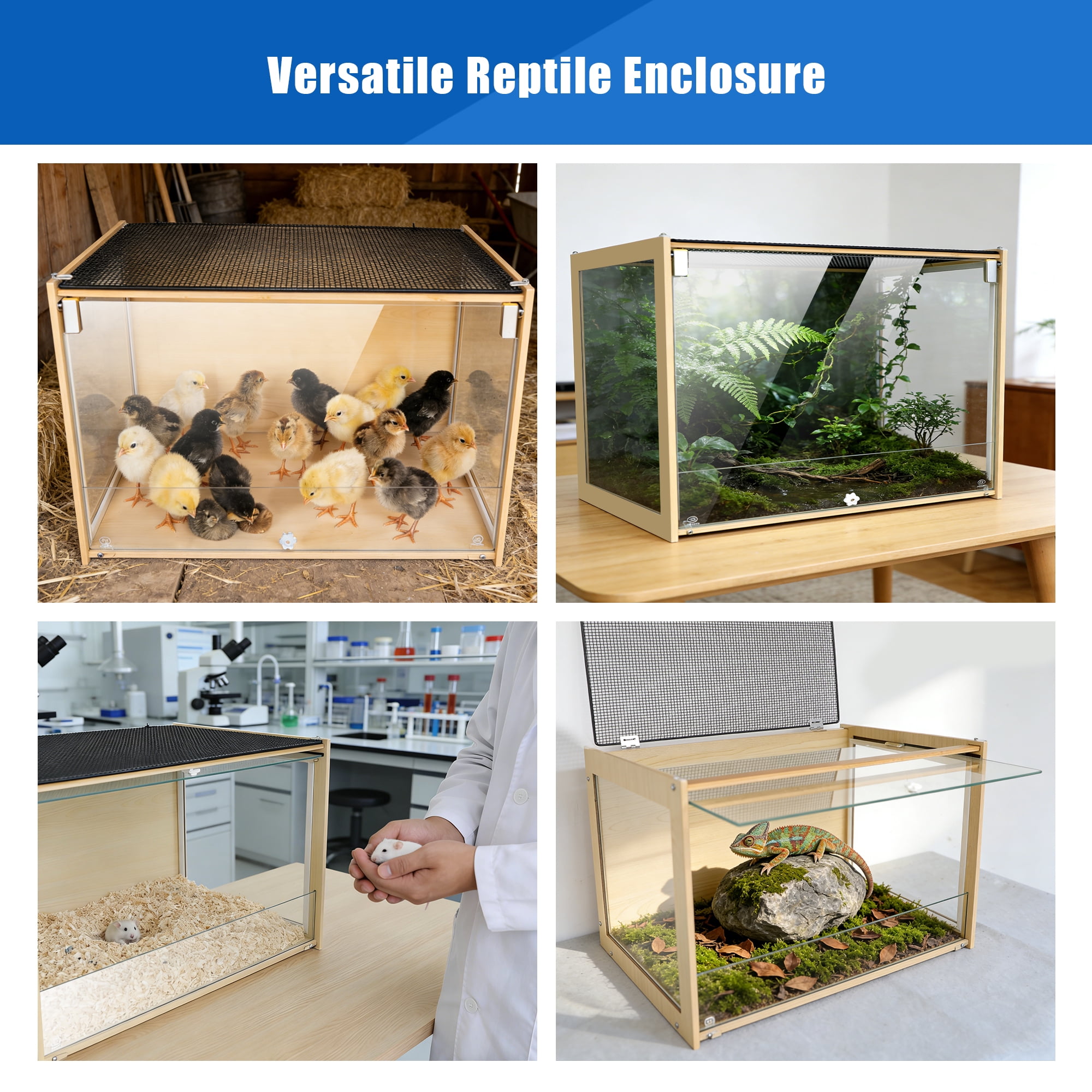 Reptile Terrarium Enclosure Bearded Dragon Tank 30Gallon, 24*16*16inch Tempered Glass Front Opening Reptile Snake Tank Enclosure Cages with Wood Frame & Metal Mesh Top for Gecko Lizard Spider Turtles