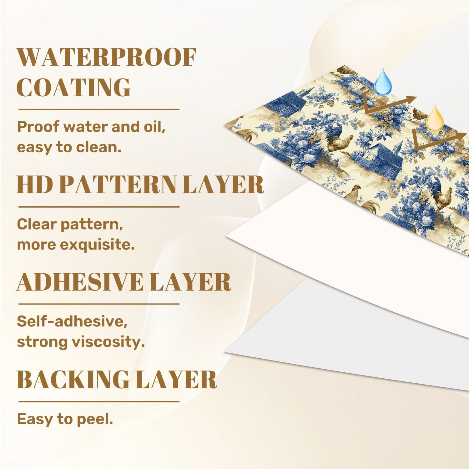 Peel and Stick Wallpaper 17.7in x 9.8ft Farmhouse Toile Roosters Cottages Blue Floral Motifs Contact Paper Vinyl Self-Adhesive Removable Wall Paper for Bedroom Kitchen Cabinet Renter Friendly