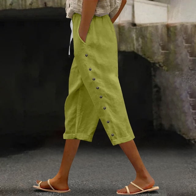 WILLBEST Pantalones Casuales para Mujer - Capris Versátiles de Verano con Cintura Elástica, Botones Laterales Sueltos y Decoración de Color Liso Extra Grande