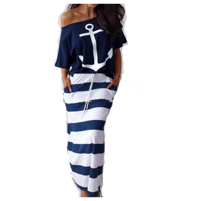 Conjunto de camiseta y falda de manga corta con estampado de ancla de barco de ocio estilo marino