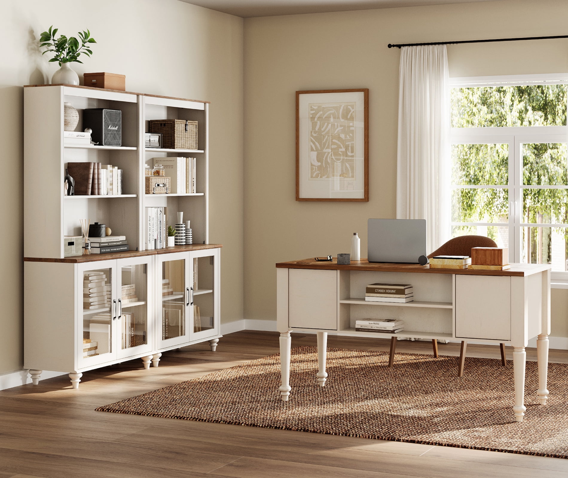 White Home Office Furniture Set, 56" Executive Desk with Charging Station, 72" Tall Bookcase with 4 Glass Doors, Wood Computer Desk with File Cabinet Storage, Open Shelf