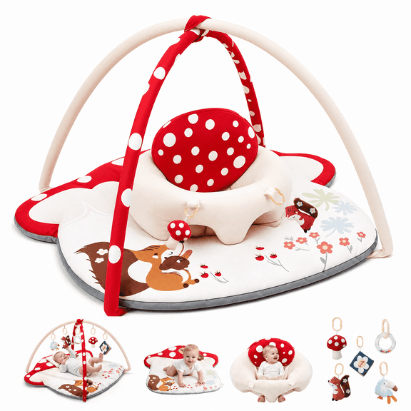 suihuooo Baby Gym Play Mat,Sitting-up Babies Seats for Infants,with 5 Detachable Toys,Activity Tummy Time Playmats for Newborn Gifts 0-18 Months,Red