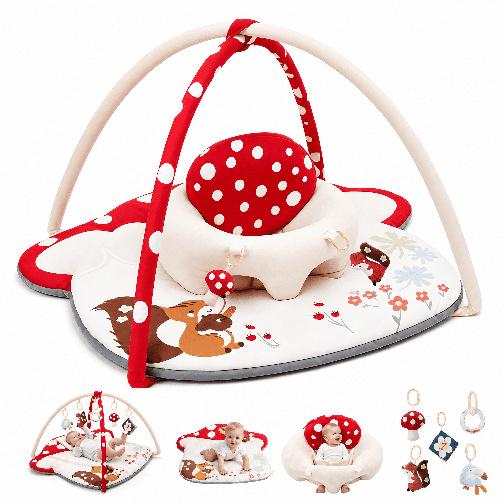 suihuooo Baby Gym Play Mat,Sitting-up Babies Seats for Infants,with 5 Detachable Toys,Activity Tummy Time Playmats for Newborn Gifts 0-18 Months,Red