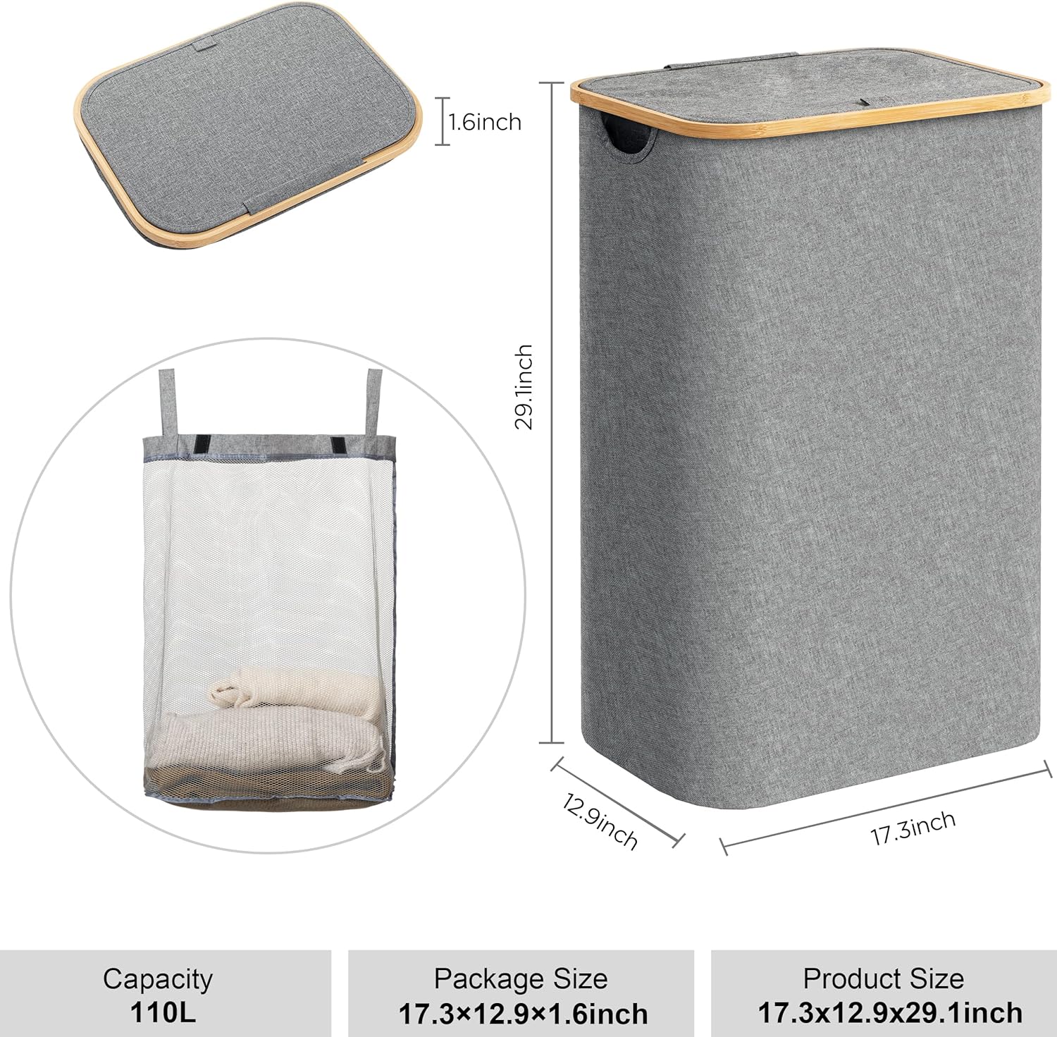 HBlife 110L Laundry Hamper with Lid and Removable Inner Bag, Gray, 2-Bag