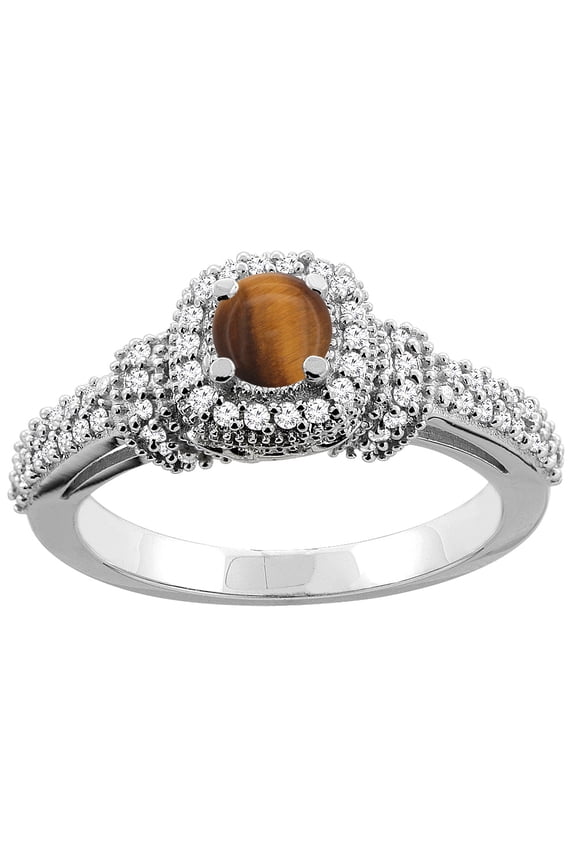14K White Gold Natural Tiger Eye Engagement Halo Ring Round 5mm Diamond Accents, size 5