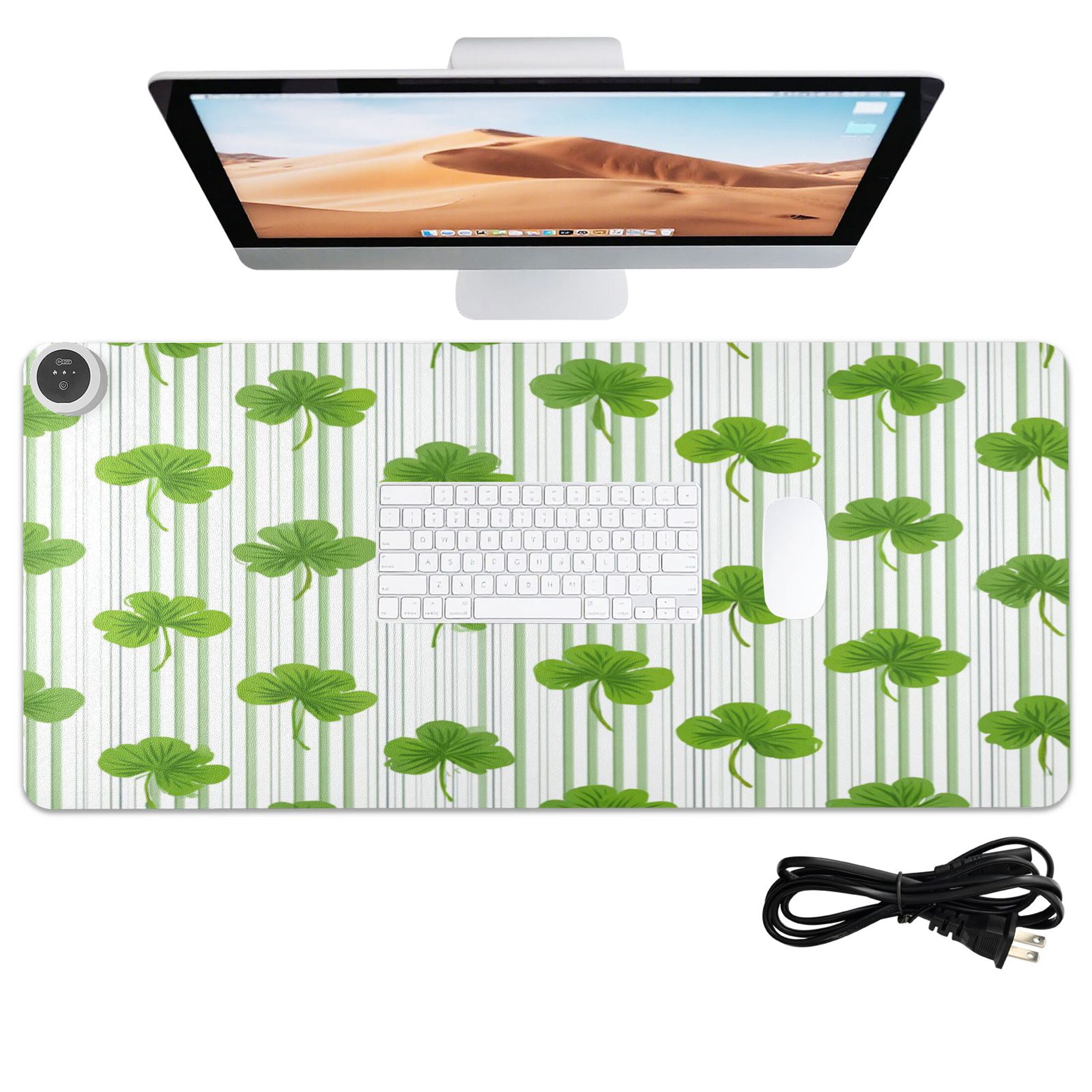 Large Heated Desk Mat Mouse Pad 31.5"x13"PU Leather Graphene Heating Desk Warmer with 3 Temperature Settings 110V US Plug Non-Slip Warm Pad for Home, Office, and Gaming Green Clover Stripe Pattern