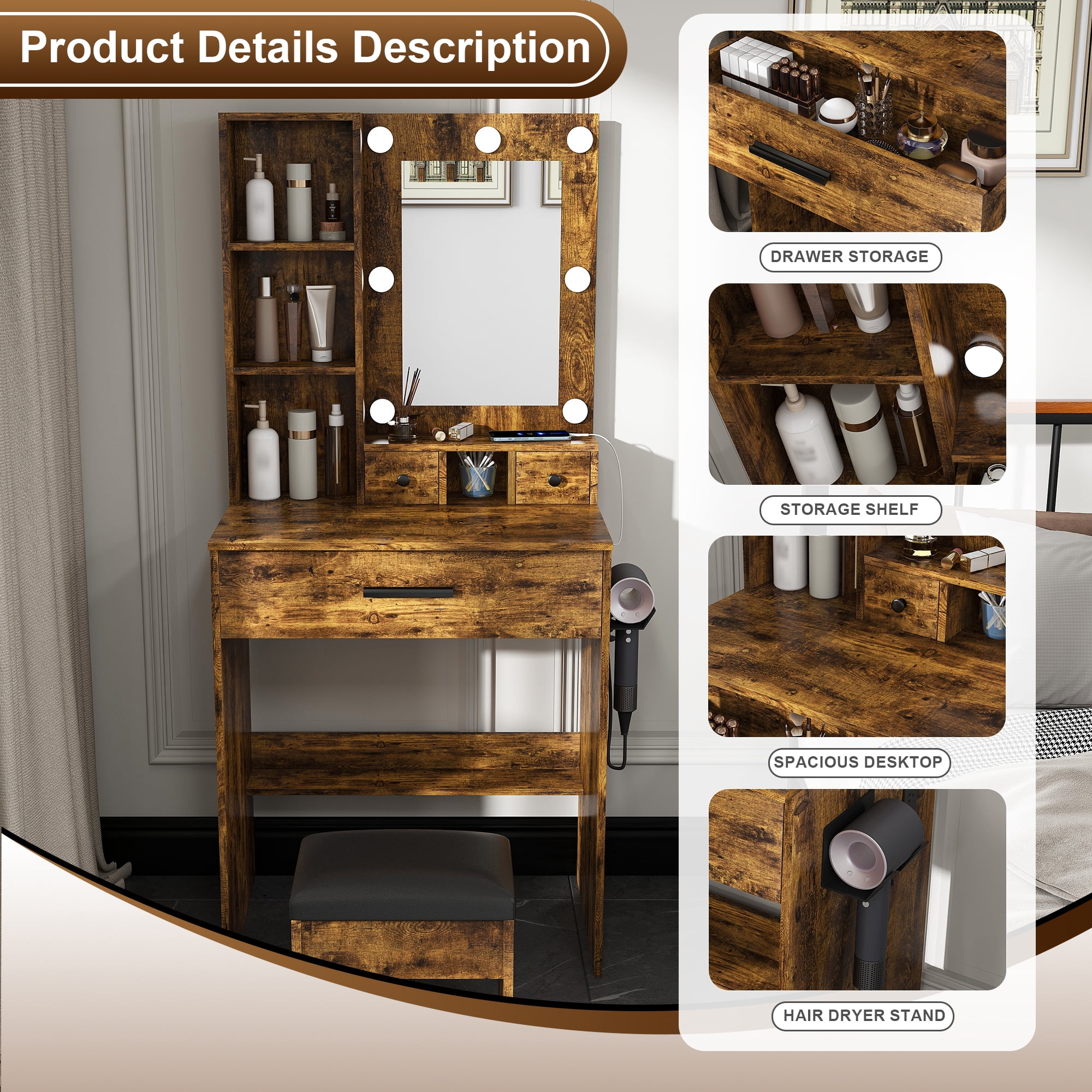 Mintazer 52" Vanity Desk with LED Mirror & Power Outlet, Makeup Vanity Table with Drawers, Open Shelves & Hair Dryer Holder, Stool, Brown