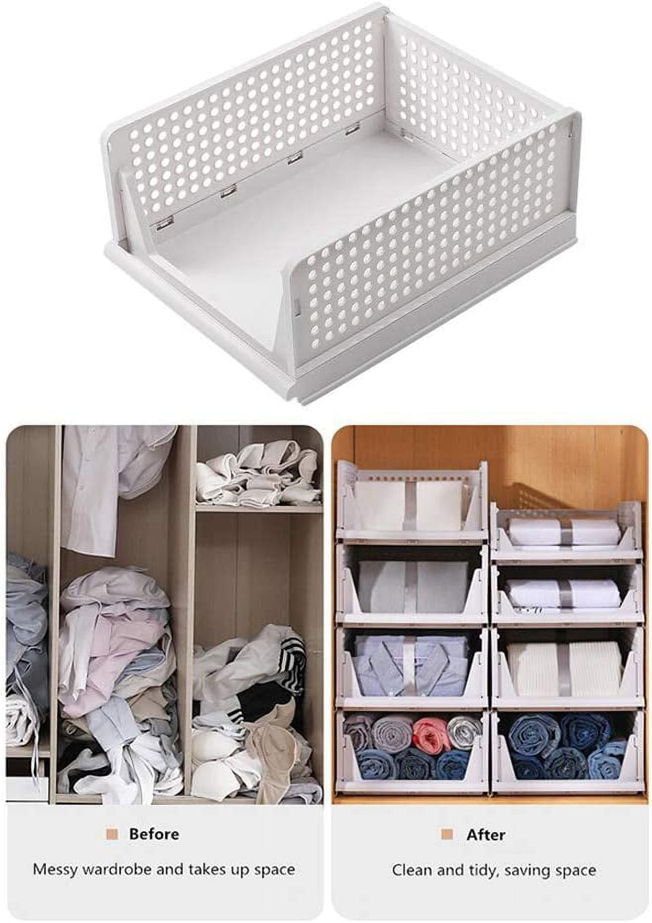 Topboutique 2 Pack Stackable Storage Bins, Foldable Sliding Bins,Plastic Clothes Drawer Organizer Wardrobe Storage Box Shelf Basket for Cabinet,Office, Laundry