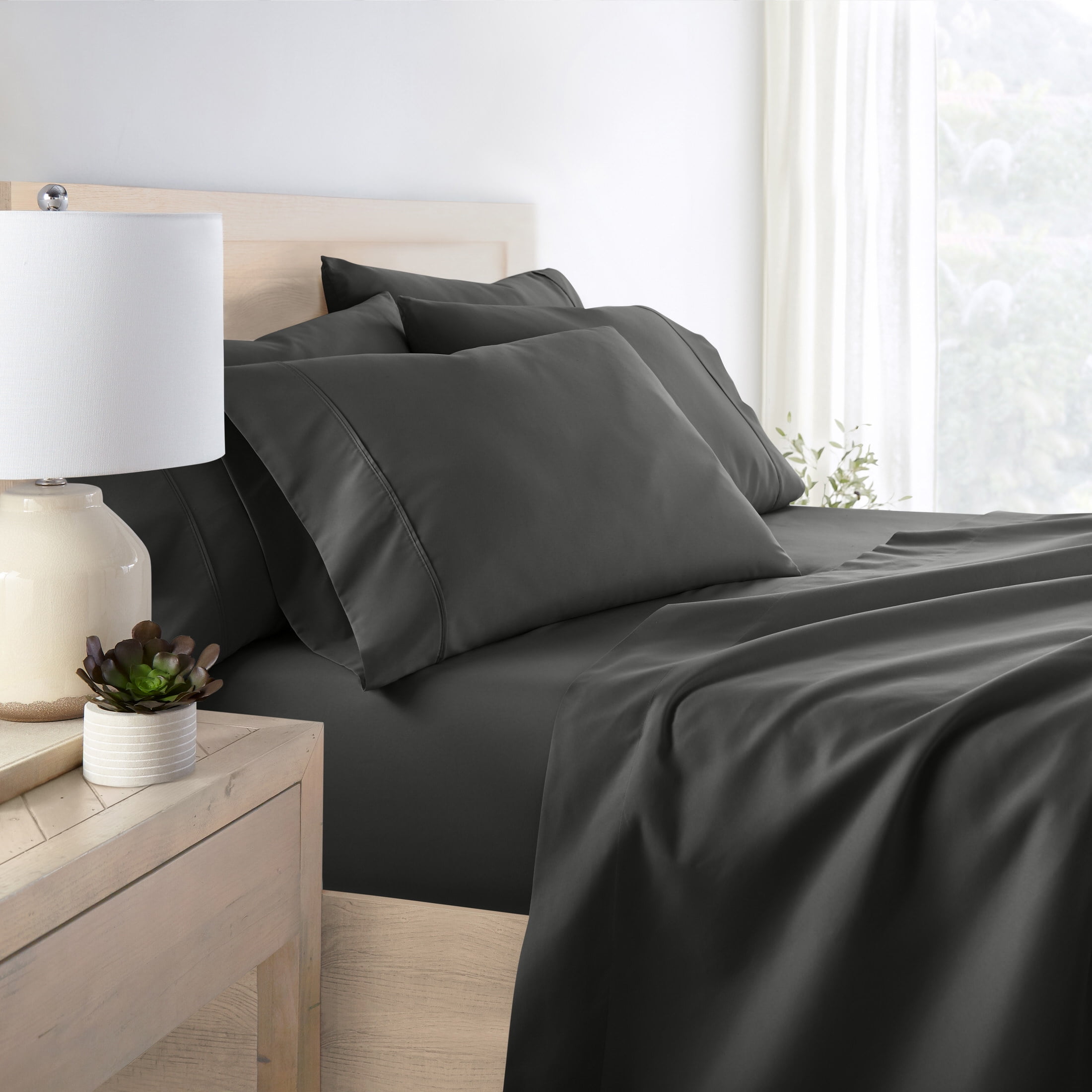 Twin Extra Long, Gray Solid Microfiber 6 Piece Bed Sheet Set, by Noble Linens
