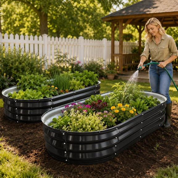 WELKA 2‑Pack Oval Galvanized Metal Raised Garden Bed, 4×2×1 FT Open‑Bottom Elevated Planter Box, Modular Raised Garden Beds for Vegetables, Herbs, Flowers, Backyard Patio Outdoor Gardening