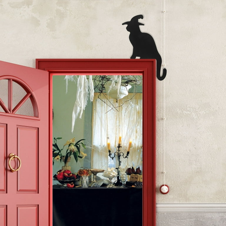 Fridja Halloween Black Cat Door Corner Sign Cat Silhouette Black Cat Door Frame Decoration Hanging Sign Black Cat Cutout Door Decor for Scary Family