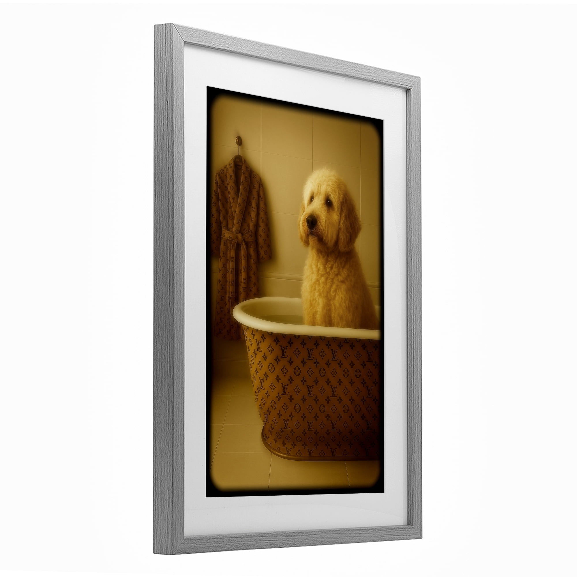 Stupell Industries Couture Dog in Luxury Tub Gray Framed Print Under Glass, design by Grotto Studios