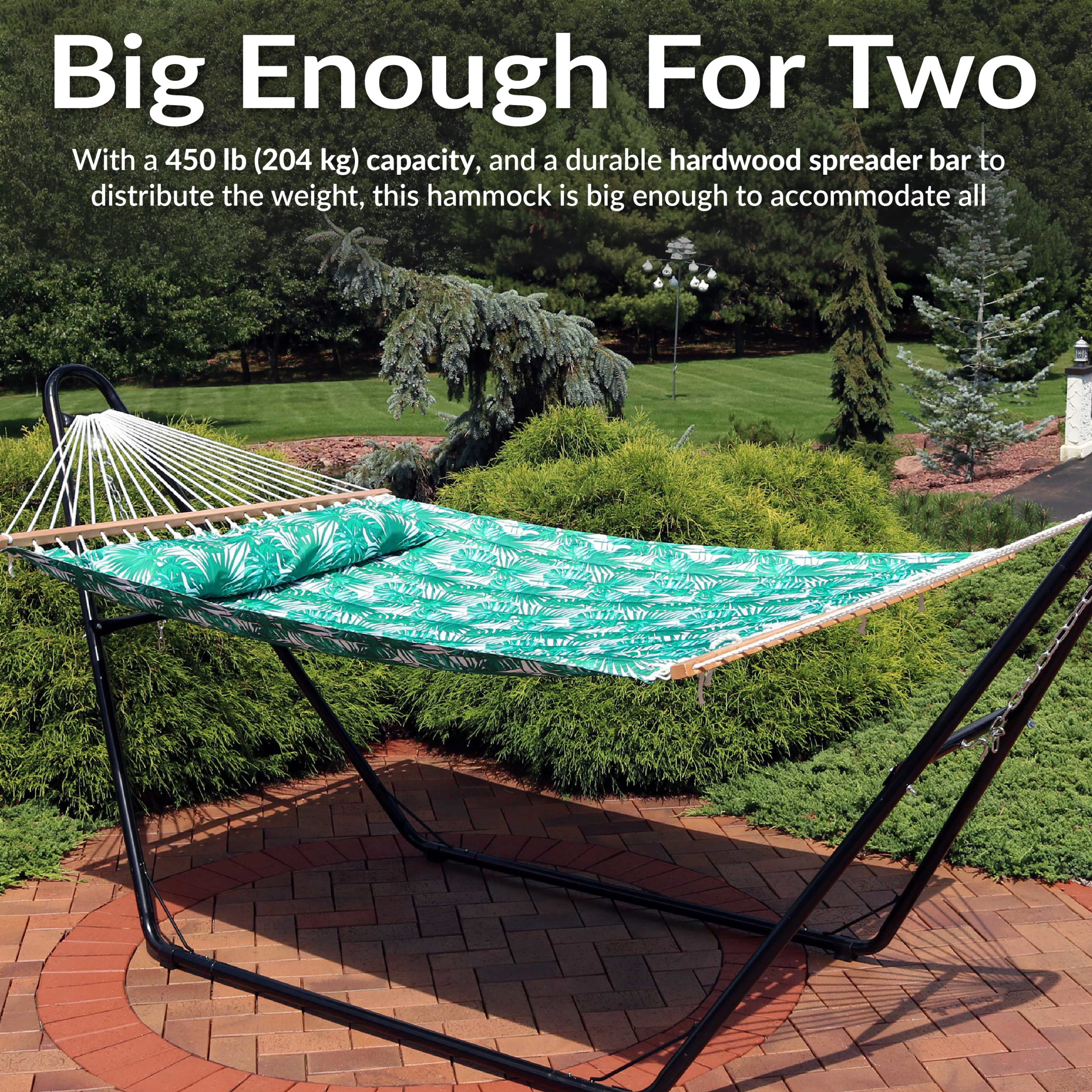 Sunnydaze 2-Person Quilted Polyester Spreader Bar Hammock, 450 lb - Green Palm Leaves