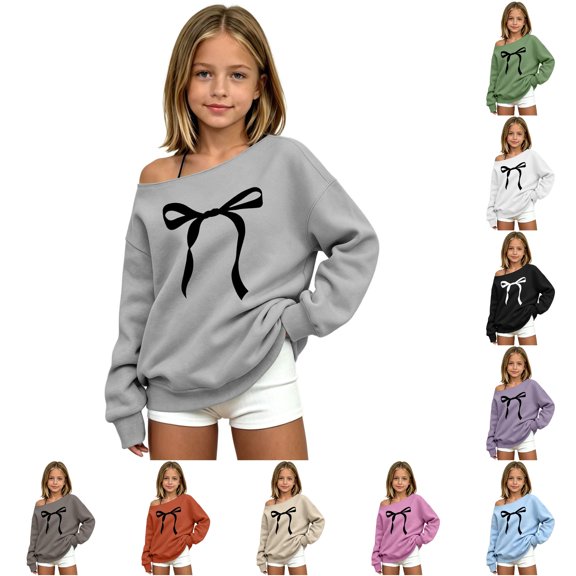 WAYUTE Sweatshirts for Girls Oversized Off the Shoulder Bow Print Rib Hemline Long Sleeve Crewneck Sweatshirt for Youth Kids Casual Streetwear,Gray,Size 13-14 Y