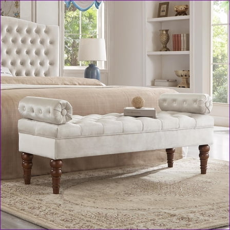 Upholstered Tufted Bench with Spindle Legs, Solid Wood Frame for Bedroom Entryway Living Room | Champagne | Velvet