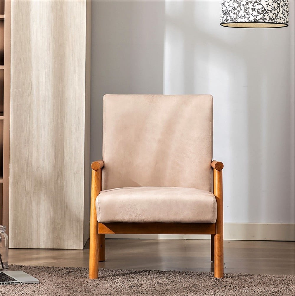 Mid Century Modern Accent Chair, 25" Wide Upholstered Armchair with Solid Wood Frame, Padded Seat & Arms, Dark Brown Lounge Chair for Living Room & Bedroom, Light Camel