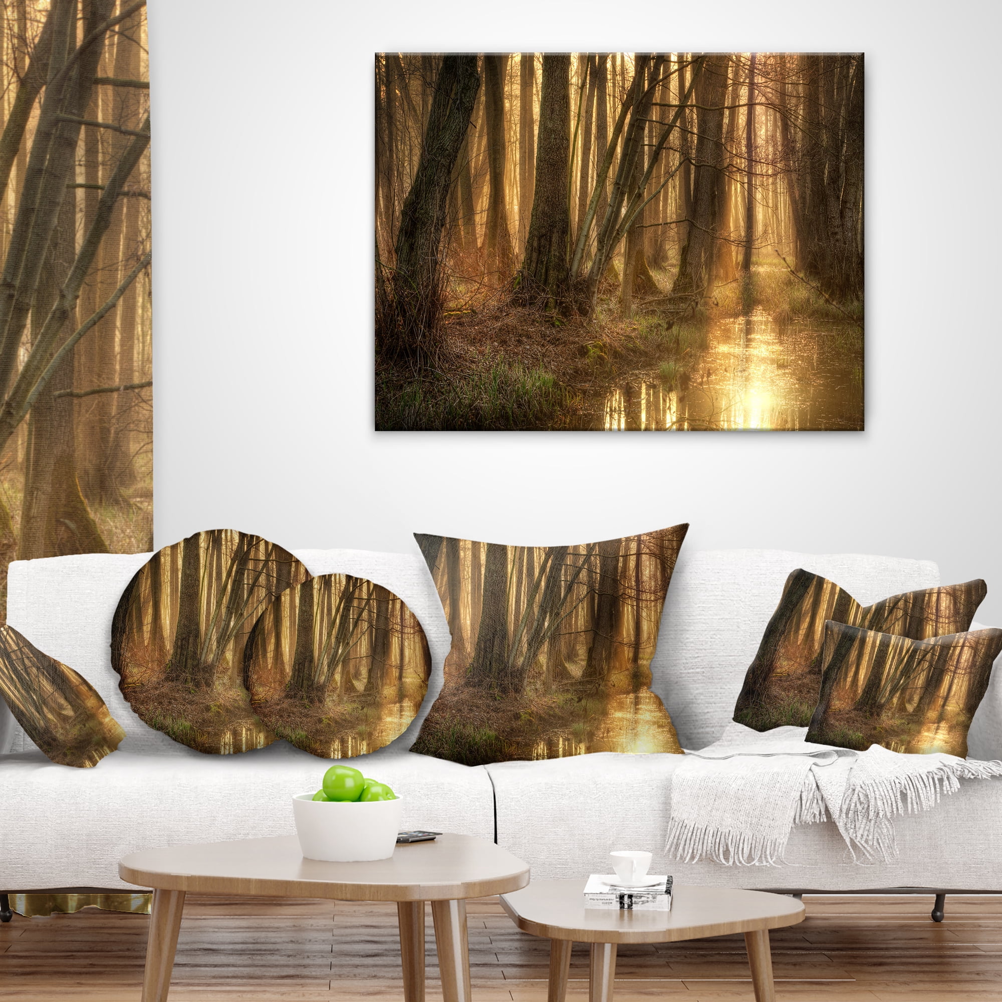 Designart Golden Morning in Dense Forest - Landscape Photography Throw Pillow - 12x20