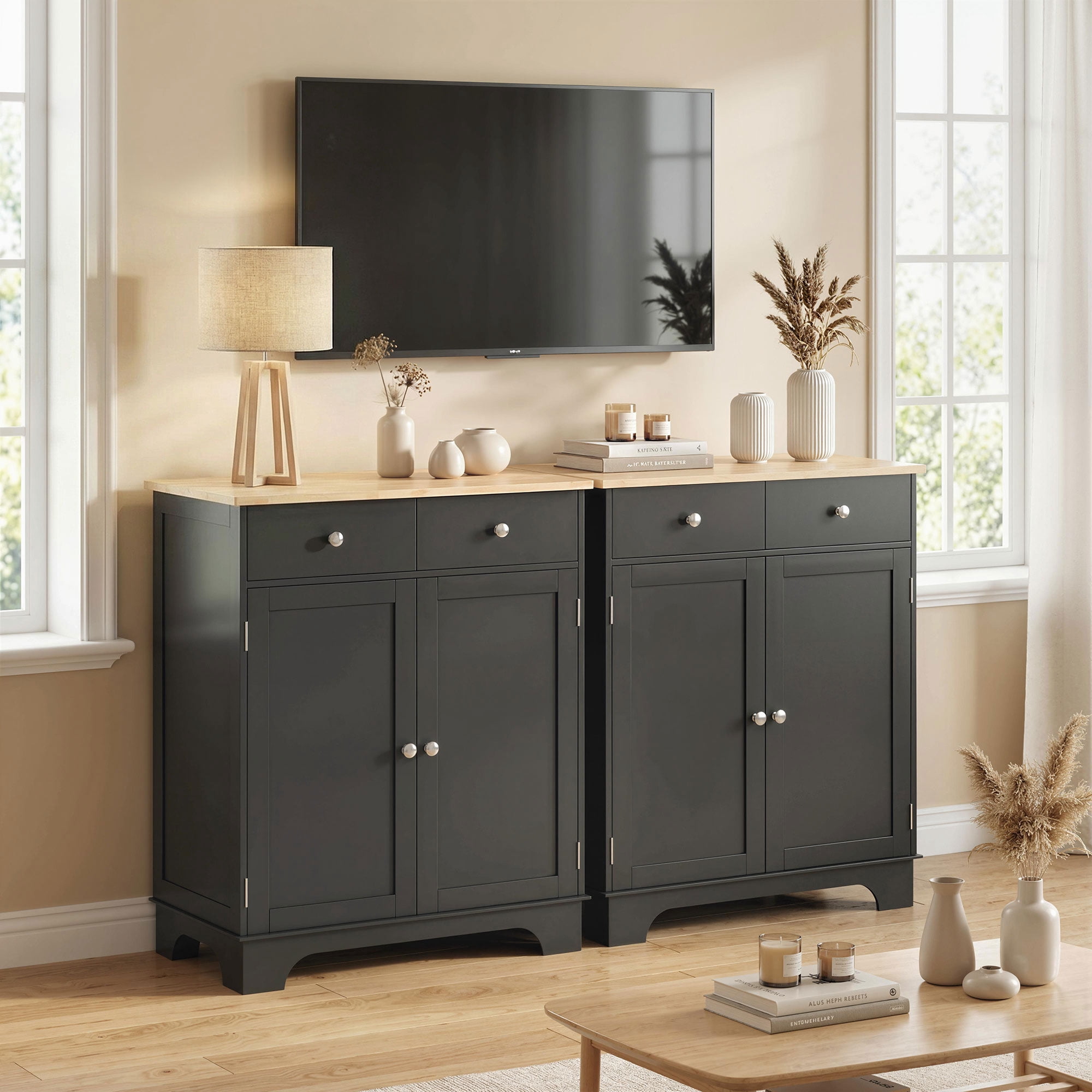 HOMCOM Kitchen Storage Cabinet, Sideboard Floor Cupboard with Solid Wood Top, Adjustable Shelf, and 2 Drawers for Living Room, Black