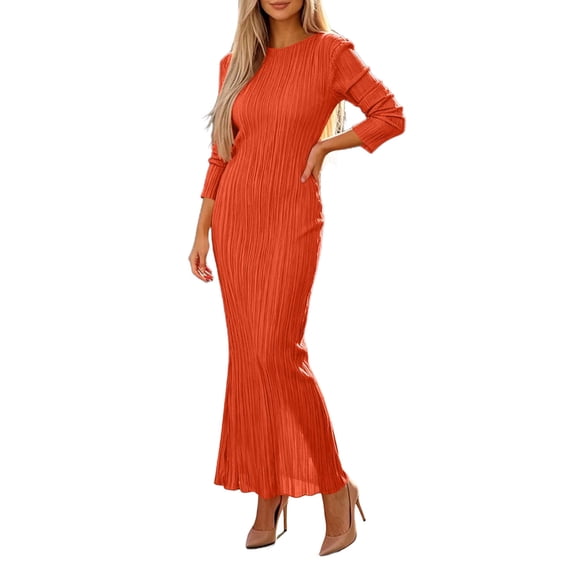 StSilkitty Womens Maxi Bodycon Dresses Solid Color Long Sleeve Crewneck Long Dress Wedding Guest Elegant Sundresses
