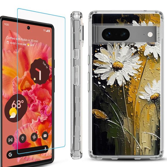 OneToughShield ® Compatible with Google Pixel 8, Shockproof Phone Case, with Tempered Glass Screen Protector - Abstract Daisy