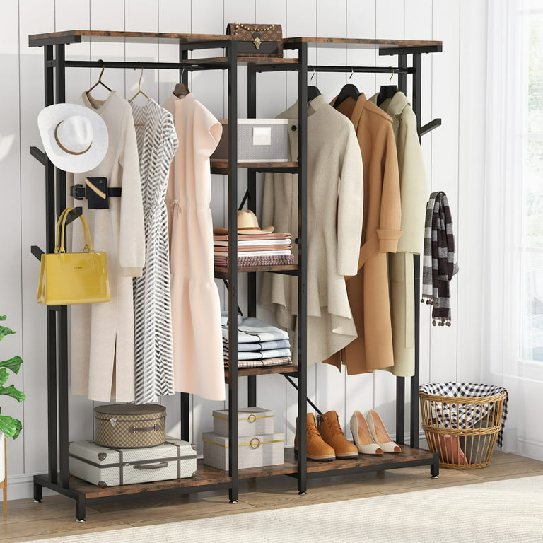 Tribesigns Freestanding Closet Organizer, Heavy Duty Clothes Closet, Extra  Large Metal Garment Rack with Shelves and Hanging Rod, Vintage Walnut Board