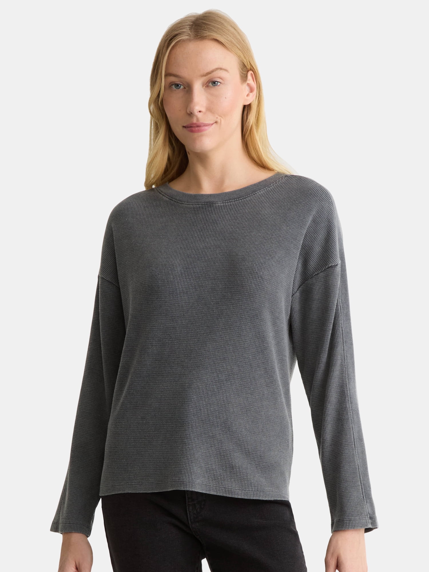 (2 pack) Time and Tru Women's Boxy Thermal Tee with Long Sleeves, Sizes XS-XXXL