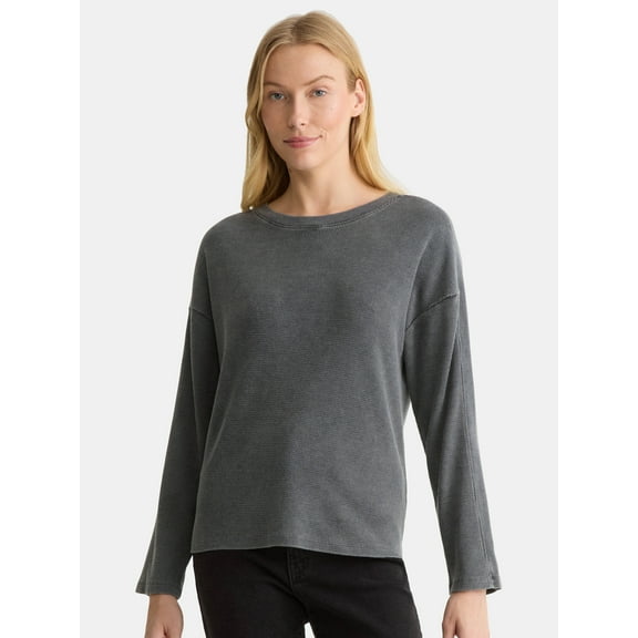 Time and Tru Women's Boxy Thermal Tee with Long Sleeves, Sizes XS-XXXL