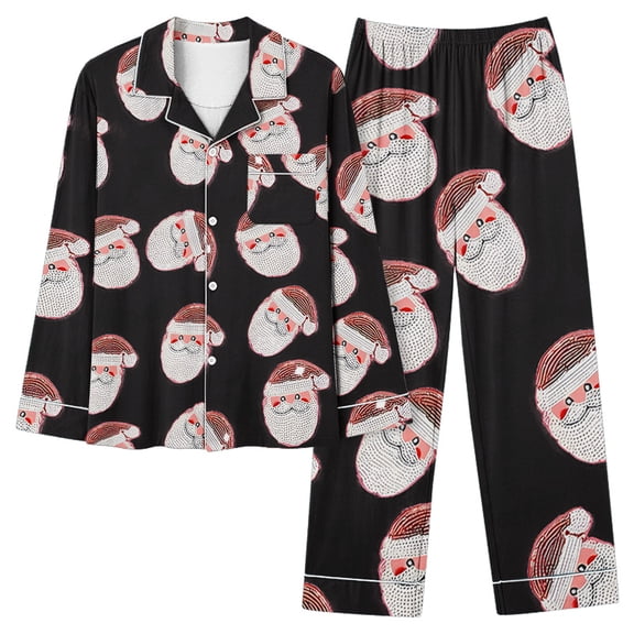 asdoklhq Christmas Pajamas Women Ladies' Casual Fashion Christmas Printed Long Sleeved Lapel Set Casual Top Pants Pajama Set Black XL