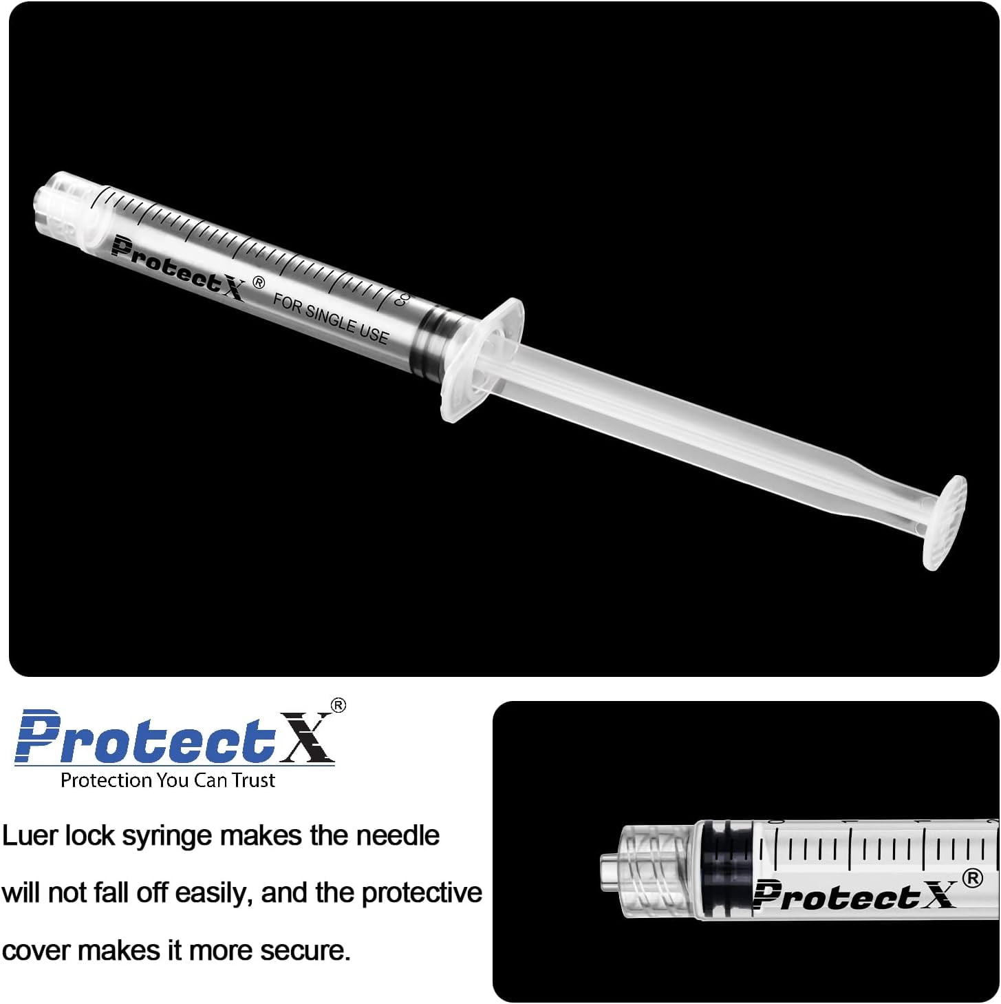 ProtectX 100 Pack 3ml Disposable Luer Lock Sterile Syringe (No Needle), Individually Sealed, Smooth and Accurate Dispensing for Science Labs