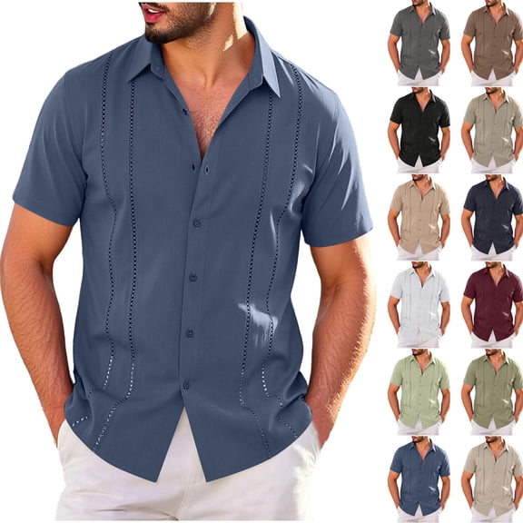 Mens Big & Tall Cuban Guayabera Shirt Casual Button Down Shirts Short Sleeve Summer Beach Shirts Size S-5XL Blue