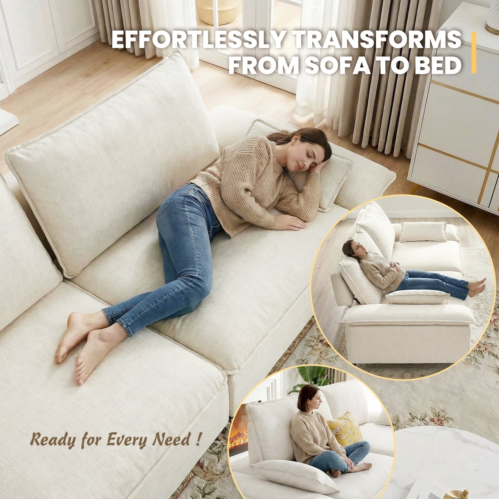 Advwin 114" Oversized Sectional Sofa, Luxury Sailboat Cloud Couch with Adjustable Backrest, Extra Deep Lounge Seating & Wide Arms for Modern Living Room, Beige