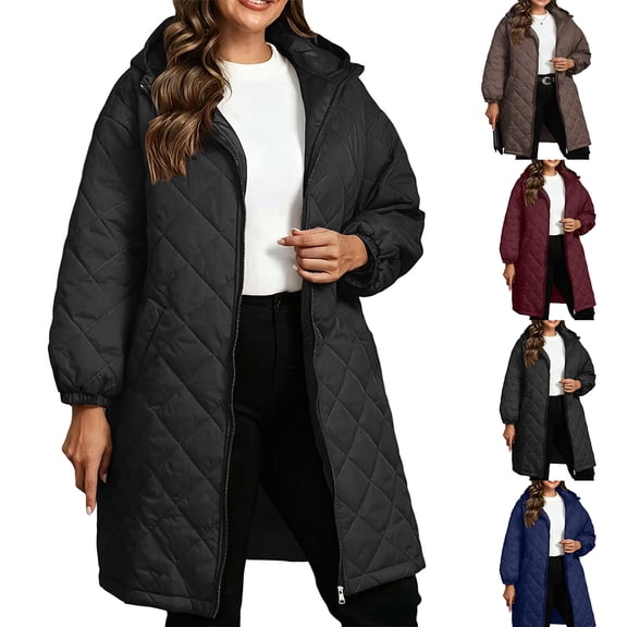 Chiccall Women's Plus Size Hooded Long Coat, Loose Casual Long Sleeve Puffer Jacket Outerwear, Diamond Quilted Down Parka Black 3XL
